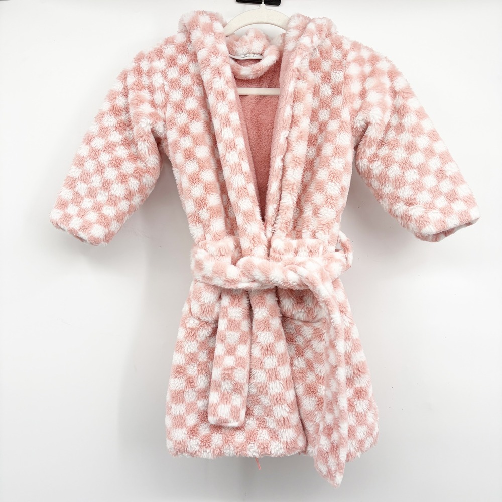 Minky Couture Girls Pink White Checkered Plush Hooded Robe Cozy Spa Size 4-8